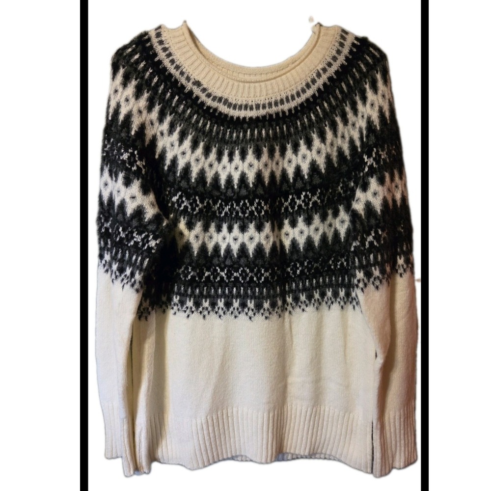 Talbots Womens Fair Isle Yoke Sweater Black Grey Ivory Knit Wool Blend Large